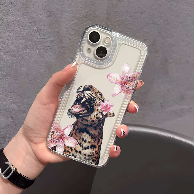 1Pc Transparent For iPhone 12 Pro Max Flower And Yellow Leopard Phone Case
