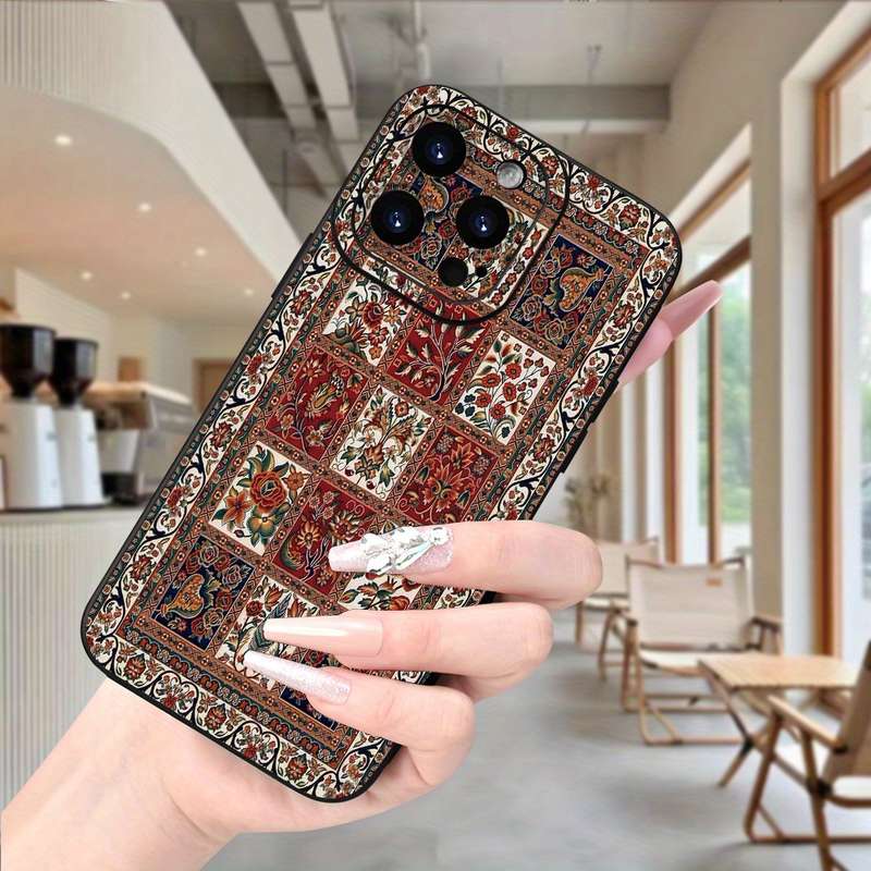 1Pc Black For iPhone 16 Pro Ethnic Print Frosted Phone Case