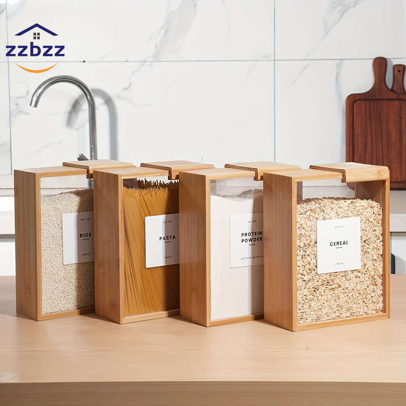 1pc High-Quality 3L Bamboo Wood Food Storage Box with Sliding Lid Ideal for Pasta Grains M