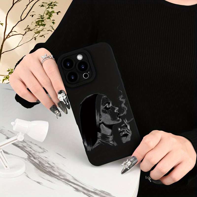 1Pc Black For iPhone 16 Plus Smoking Nun Pattern Phone Case