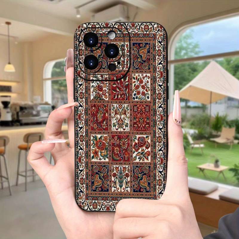 1Pc Black For iPhone 16 Pro Ethnic Print Frosted Phone Case