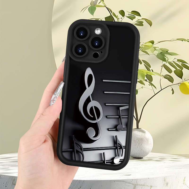 1Pc Black For iPhone 15 Plus Musical Note Pattern Phone Case