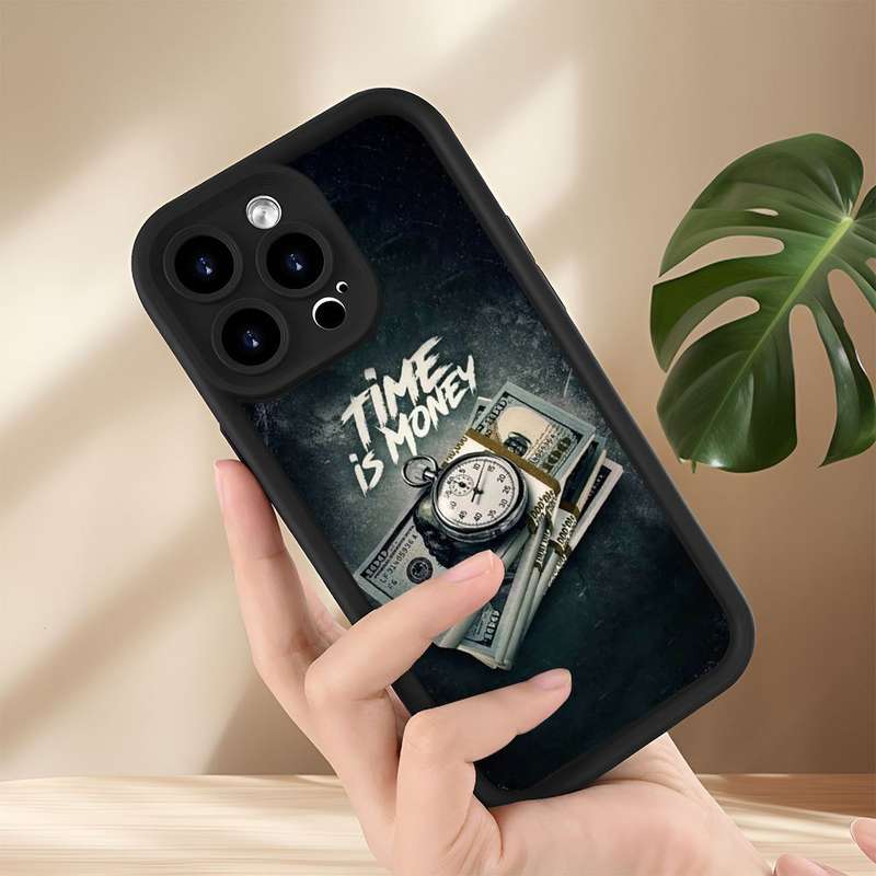 1Pc Black For iPhone 14 Plus Money And Watch Print Phone Case