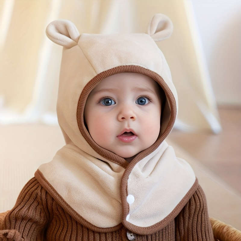 Winter Hat Color Button Bear Scarf And Hat In One   Brown