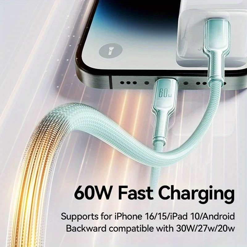 1pc 100cm 60W Crystal Clear Mobile Type-C Fast Charging Data Cable Suitable for iPhone 15 16 Se