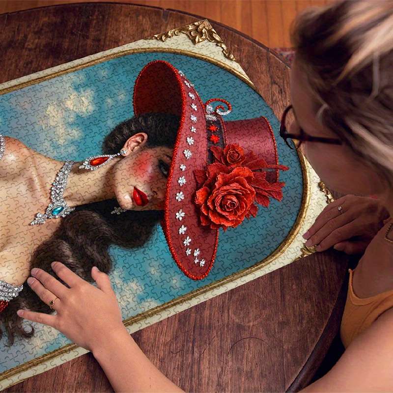 1000pcs Red Hat Women'S Paper Jigsaw Puzzle Large Jigsaw Puzzle Toy Adult Game Gift F