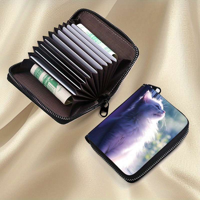 1pc Women's Cat Print Credit Card Holder Wallet9+2 Card Slots with Zipper Closure Compact O
