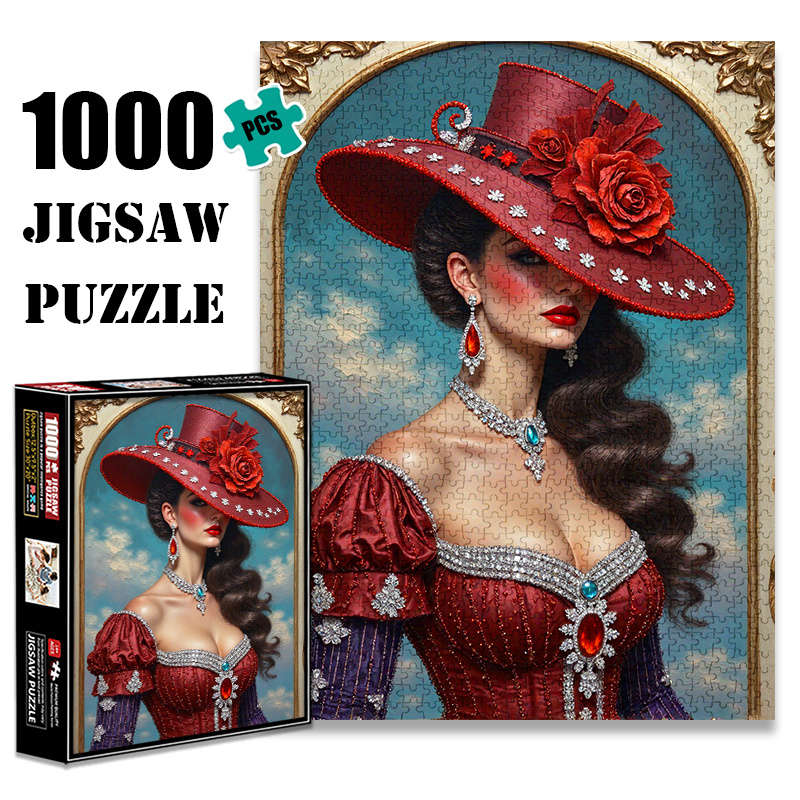 1000pcs Red Hat Women'S Paper Jigsaw Puzzle Large Jigsaw Puzzle Toy Adult Game Gift F