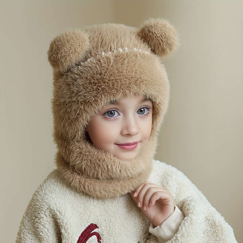 Winter Hat Applicable People Double Ball Plush Hat Scarf Mask Body Suit Hat   Beige