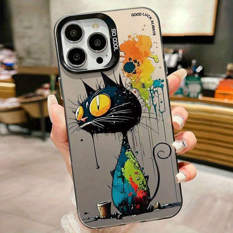 1Pc Black For iPhone 15 Big Eyed Cat Graphic Phone Case