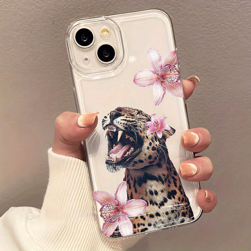 1Pc Transparent For iPhone 12 Pro Max Flower And Yellow Leopard Phone Case