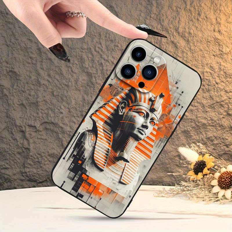 1Pc Black For iPhone 15 Pro Max Egypt Cartoon Pattern Phone Case