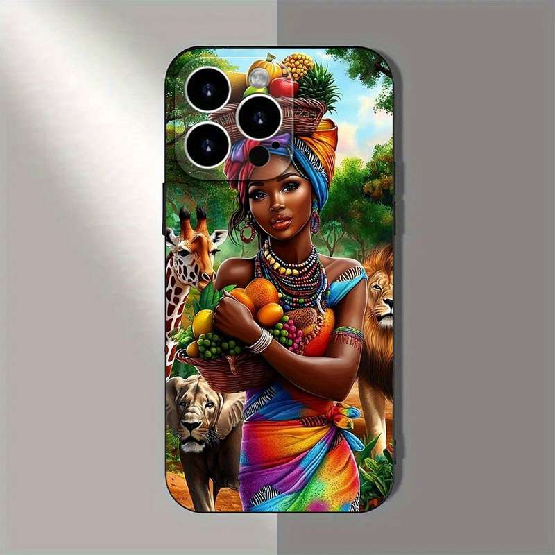 1Pc Black For iPhone 15 Plus Stylish African Lady TPU Phone Case