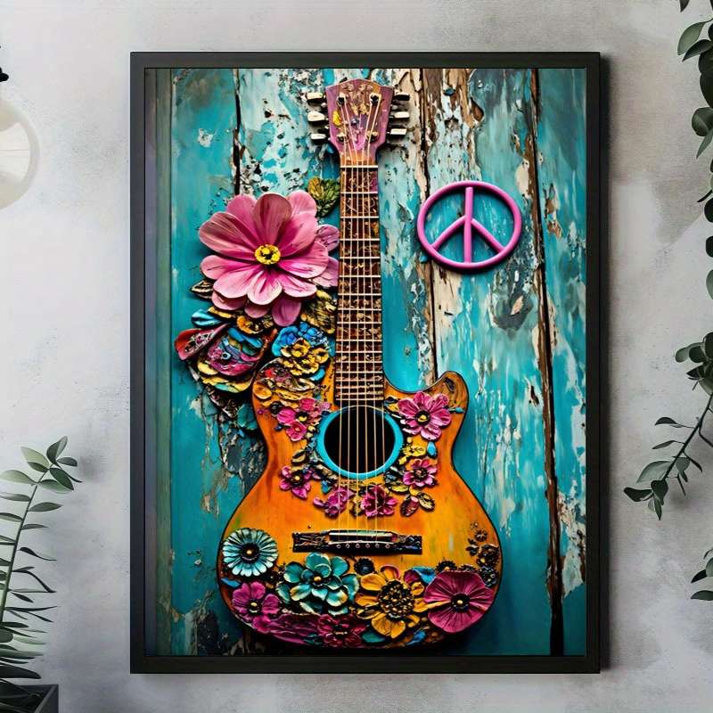 1pc  2D Flat Unframed Painting Vibrant Hippie Guitar And Flowers Canvas Print Poster Wall Art D