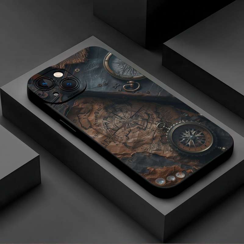 1Pc Black For iPhone 13 Pro Max Retro Nautical Pattern Phone Case