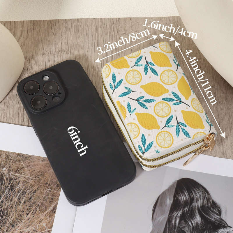 1pc Lemon Print Stylish Credit Card Holder with Double-Layer Zipper Lightweight Wallet Vibrant Y