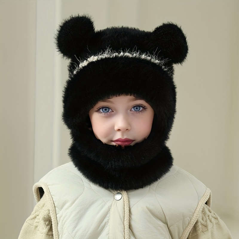 Winter Hat Applicable People Double Ball Plush Hat Scarf Mask Body Suit Hat   Beige
