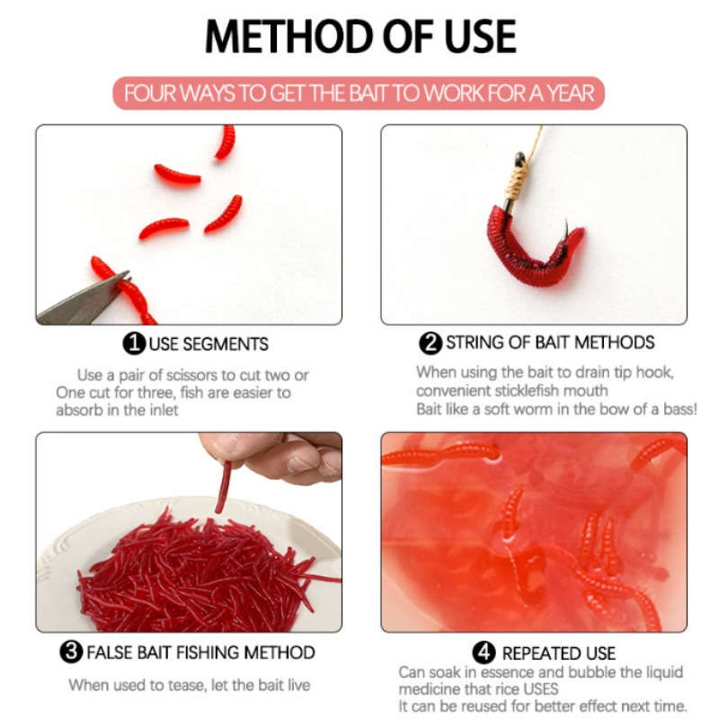 50pcs Simulation Soft Worm Lures Fake Red Earthworms Glowing Packaged Fishing Bait
