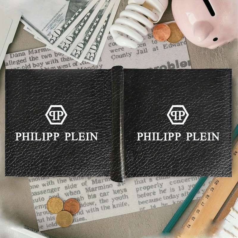 1pc Philipp Plein Men's Faux Leather Bifold Wallet with Card Holder Coin Purse Sleek Black D