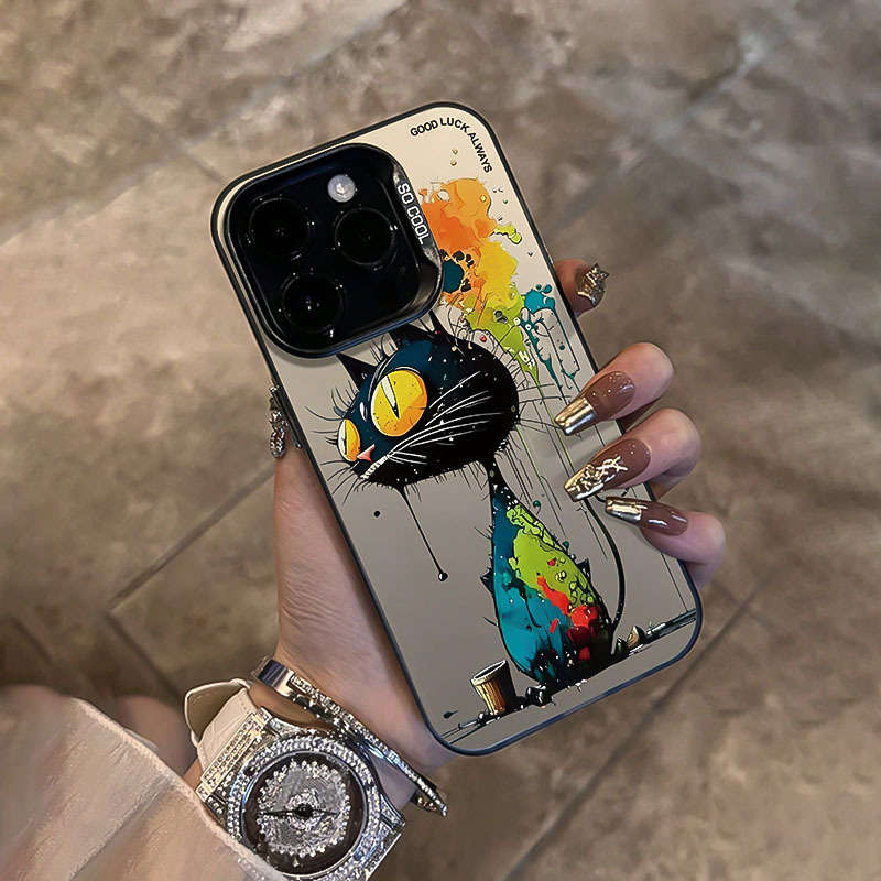 1Pc Black For iPhone 15 Big Eyed Cat Graphic Phone Case