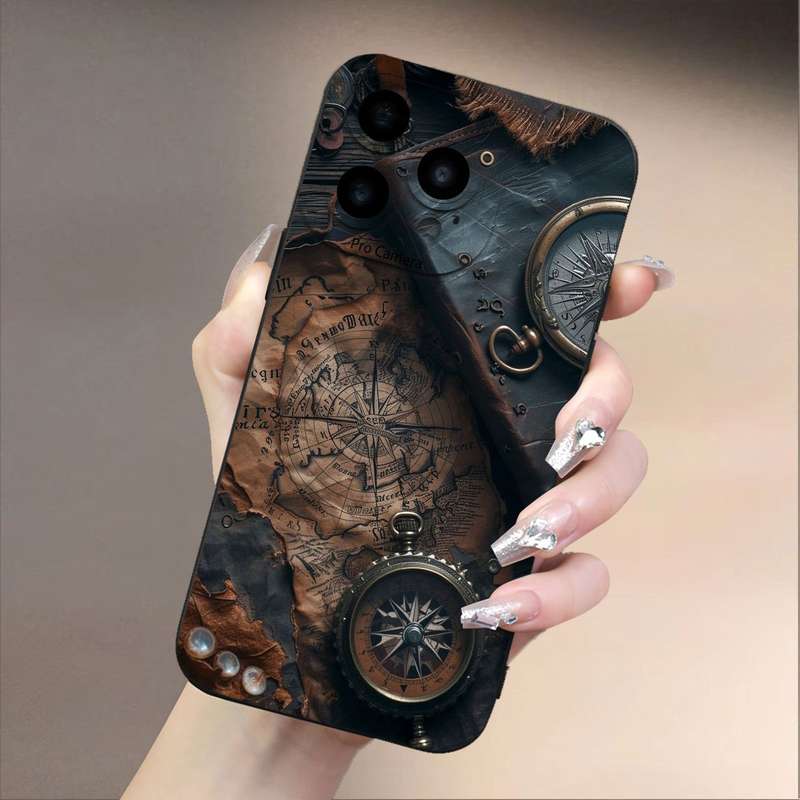 1Pc Black For iPhone 13 Pro Max Retro Nautical Pattern Phone Case