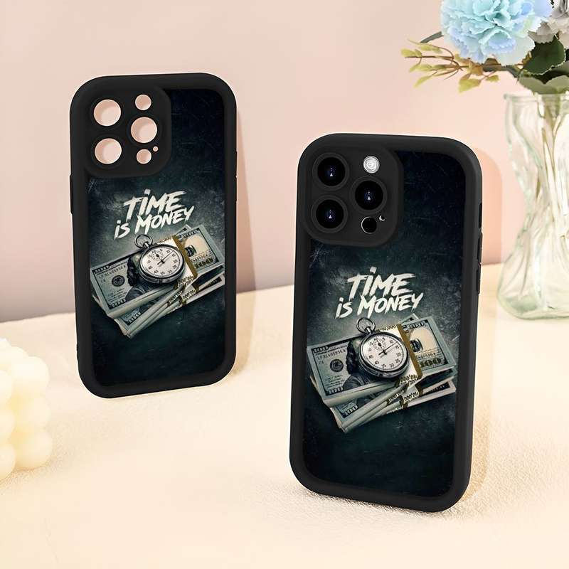 1Pc Black For iPhone 14 Plus Money And Watch Print Phone Case