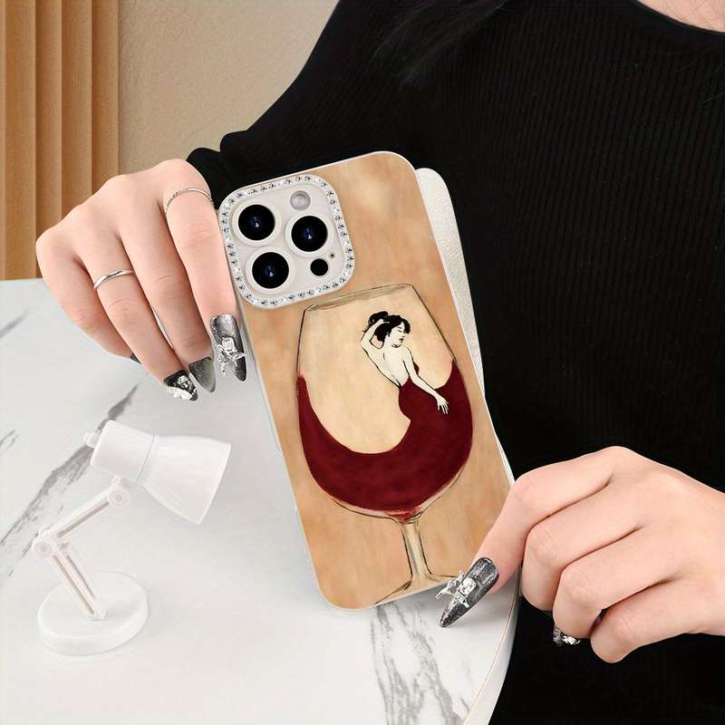 1Pc Ivory White For iPhone 13 Mini Red Wine Print Phone Case
