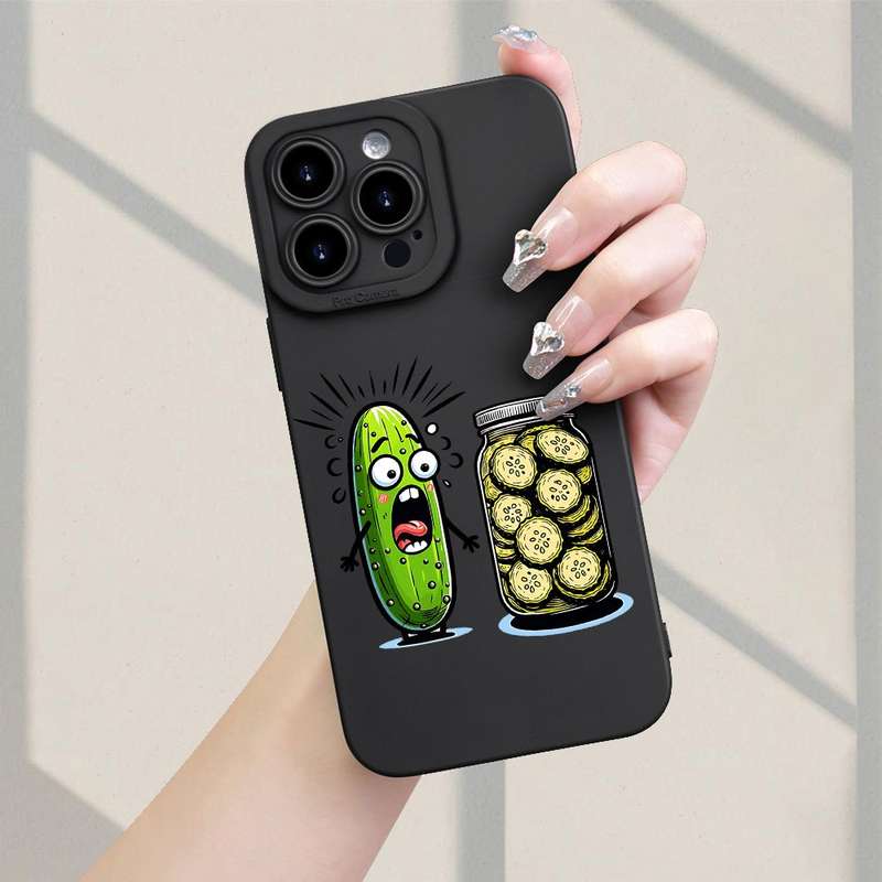 1Pc Black For iPhone 15 Pro Max Cartoon Cucumber Design Phone Case