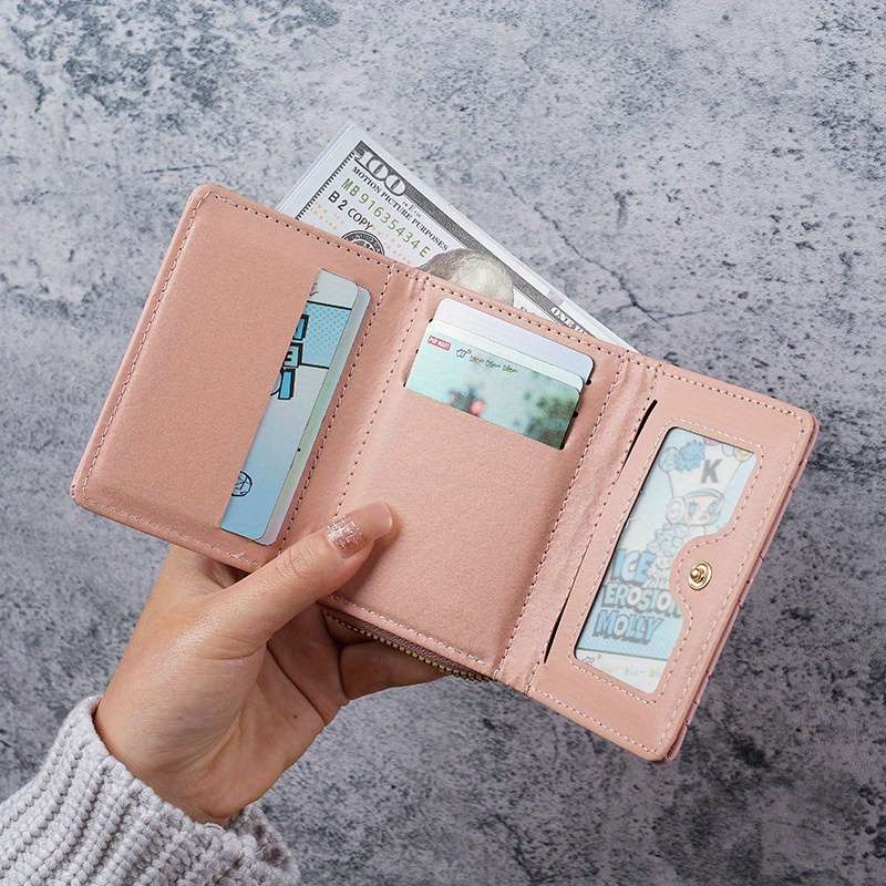 1pc New Korean Style Fashion Heart-Shaped Embroidered Women'S Short Zipper Wallet Clutch Solid Colo