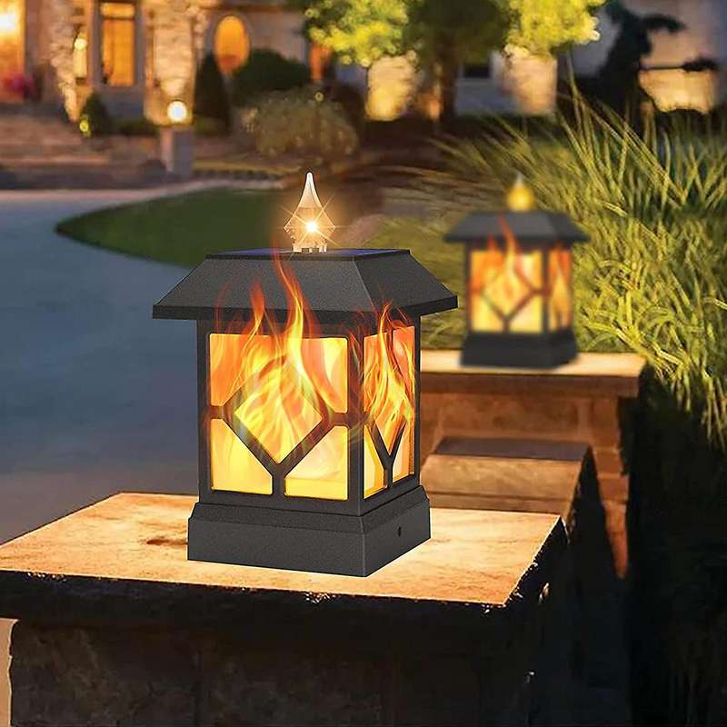 Solar Post Lights Outdoor with Flame,2 Pack Solar Post Cap Lights