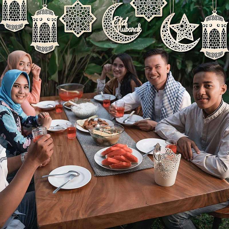 9pcs Wooden Pendant Hollow Moon Star Wind Light Shape Eid Party Decor