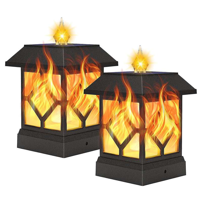 Solar Post Lights Outdoor with Flame,2 Pack Solar Post Cap Lights