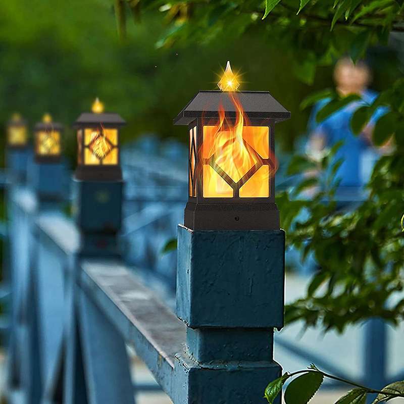 Solar Post Lights Outdoor with Flame,2 Pack Solar Post Cap Lights