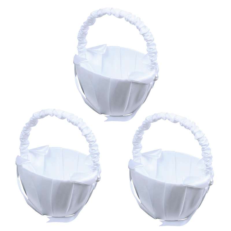 Weiss Satin Perlen Hochzeit Blumenmaedchen Korb Bowknot Dekor