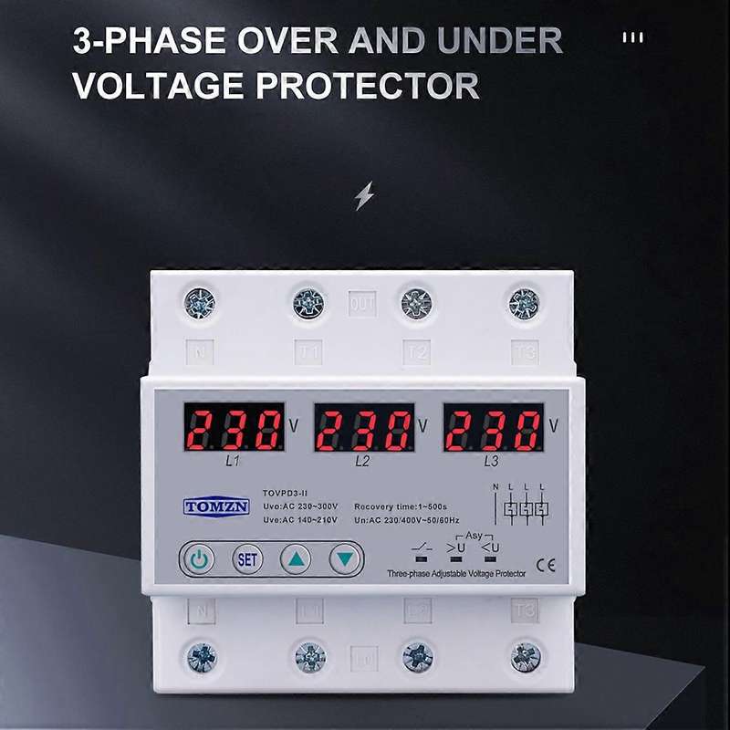 Tomzn Three Phase Adjustable Over and Under Voltage Protector 63a
