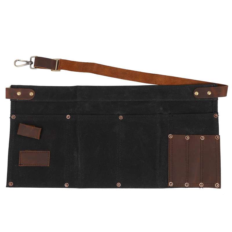 Multi Pocket Apron for Women Real Leather Canvas Half Apron Black