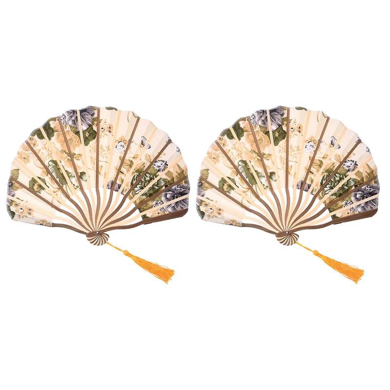 2x Pfingstrose Bluete Stoff Bambus-faltreifen Tanz Handfaecher Beige