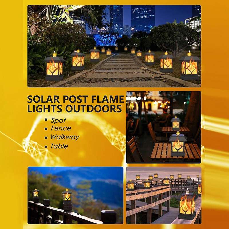 Solar Post Lights Outdoor with Flame,2 Pack Solar Post Cap Lights