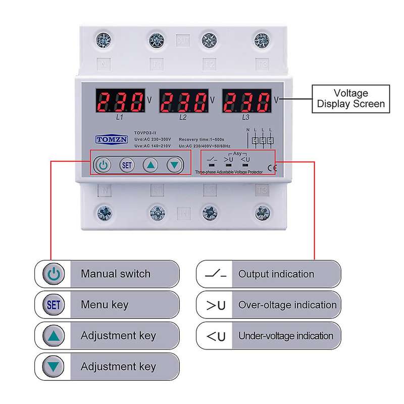 Tomzn Three Phase Adjustable Over and Under Voltage Protector 63a