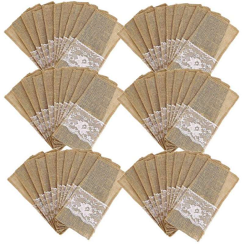 75pcs Burlap Lace Cutlery Pouch Hessian Jute Table Accessories