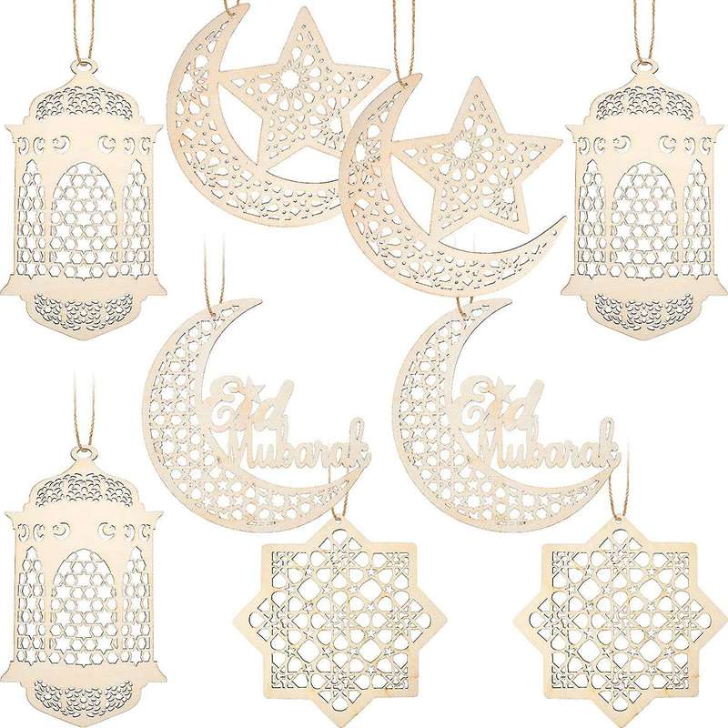 9pcs Wooden Pendant Hollow Moon Star Wind Light Shape Eid Party Decor