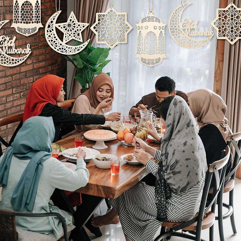 9pcs Wooden Pendant Hollow Moon Star Wind Light Shape Eid Party Decor