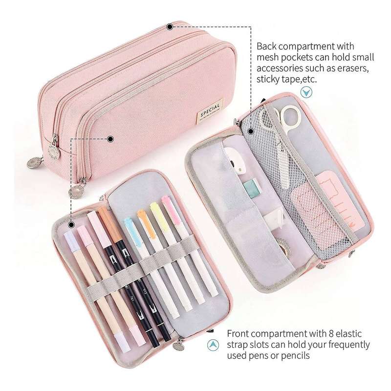 Angoo Pencil Case 3 Compartment Pouch Pen Bag for School Teen(pink)