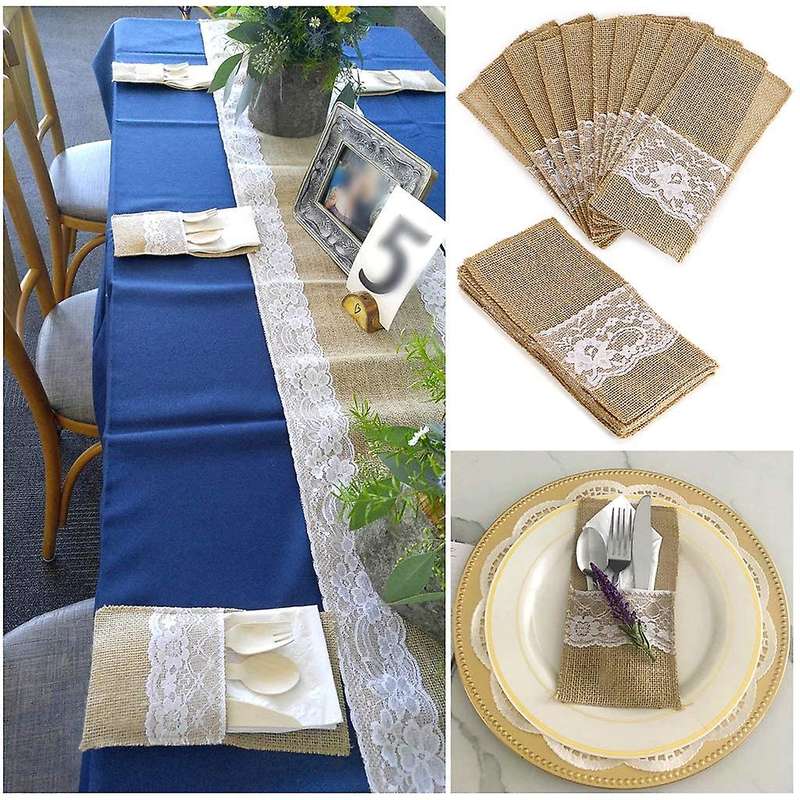 75pcs Burlap Lace Cutlery Pouch Hessian Jute Table Accessories