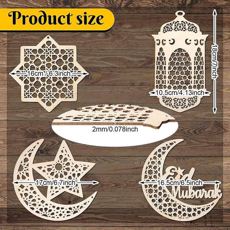 9pcs Wooden Pendant Hollow Moon Star Wind Light Shape Eid Party Decor