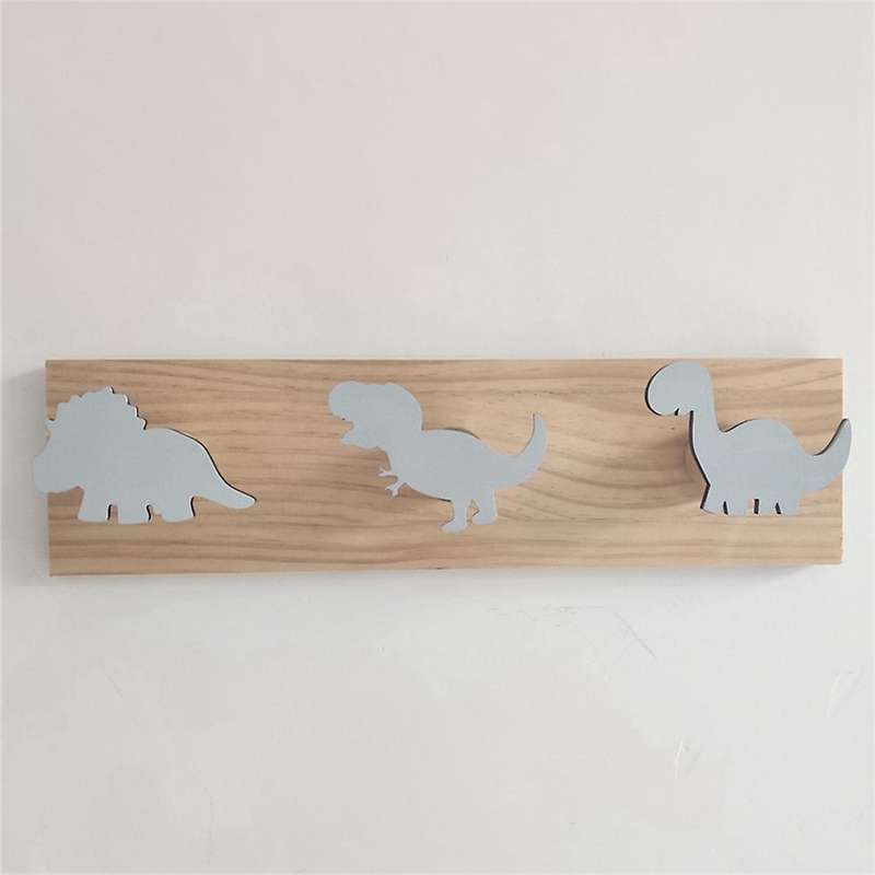 Kids Dinosaur Wall Mounted Coat Hooks Wooden Door Hanger -white