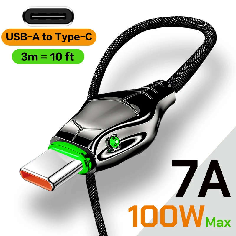 1pc 300cm 7A USB A To Type C Cable 100W Max For Honor 50Pro 66W Max Super Fast Charging AFC Fast