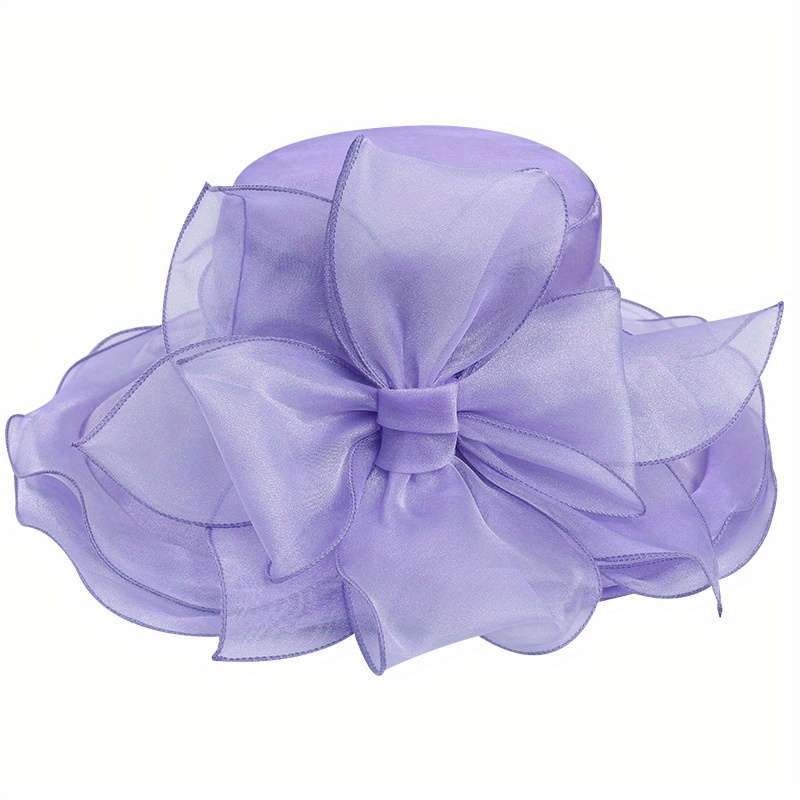 1pc Vintage Organza Sun Hat Solid Color Mesh Flower Decor Derby Hat Foldable Lightweight Travel Bea
