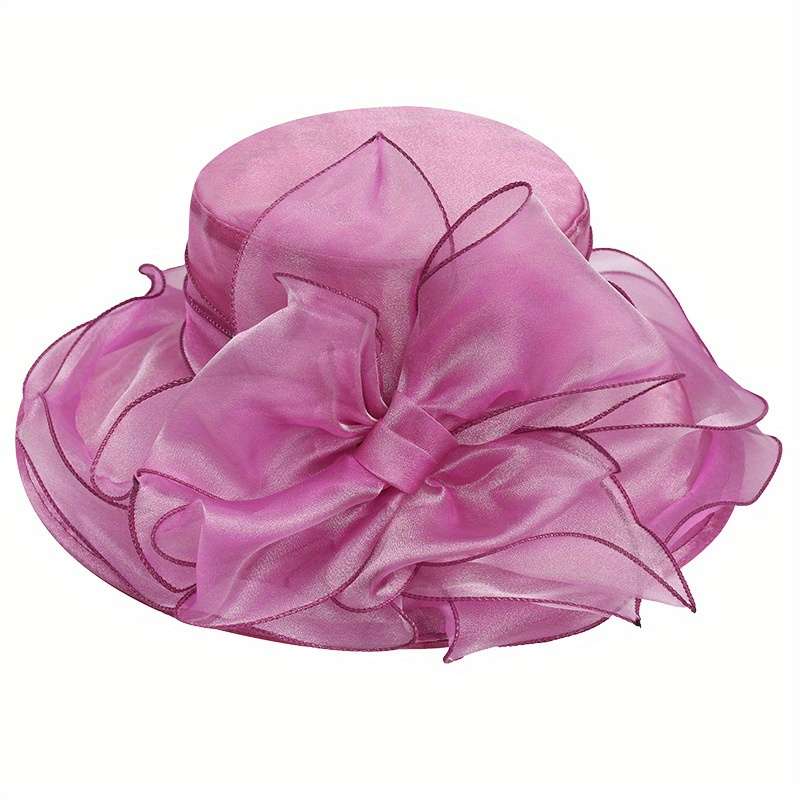 1pc Vintage Organza Sun Hat Solid Color Mesh Flower Decor Derby Hat Foldable Lightweight Travel Bea
