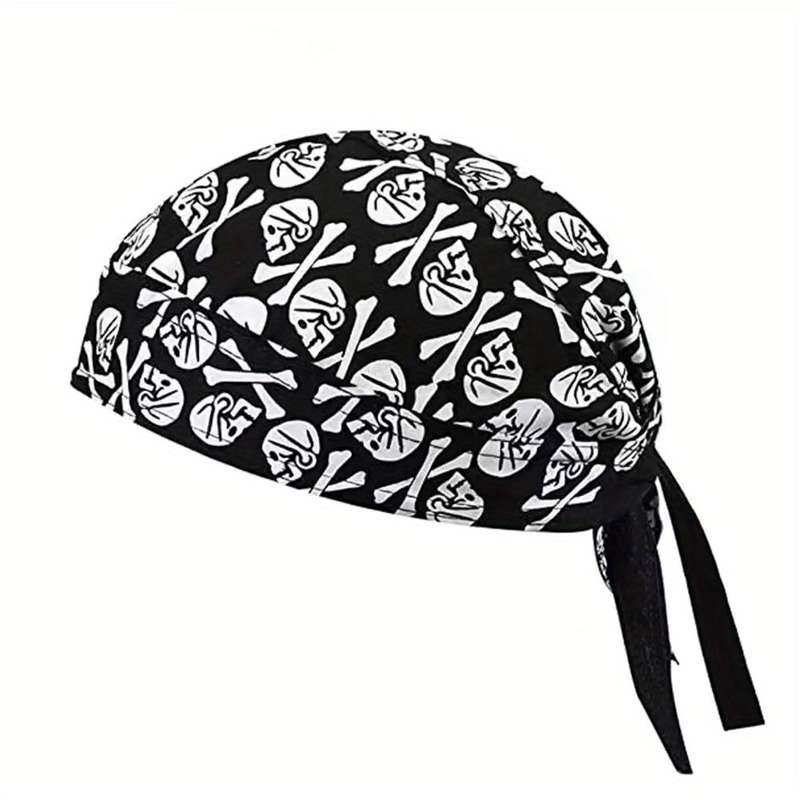 1pc Pirate Hat for Adults Black with White Skull Red Heart Pattern Lightweight Knit Headge